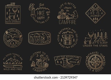 Set of camping badges, patches. Vector. Concept for shirt or logo, print, stamp or tee. Vintage line art design with camper tent, hiker, fishing bear, bear, man with guitar,and mountain.