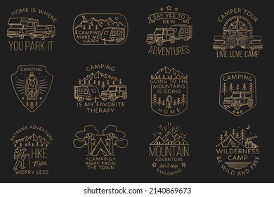 Set of camping badges, patches. Vector. Concept for shirt or logo, print, stamp or tee. Vintage line art design with camper tent, hiker, 3d off-road car, trailer and mountain.