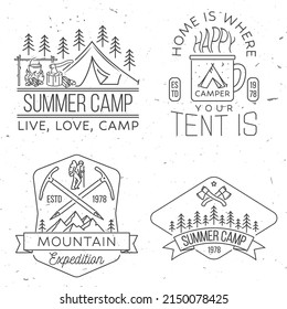 Set of camping badges, patches. Vector illustration. Concept for shirt or logo, print, stamp or tee. Vintage line art design with cup, camper tent, pot on the fire, axe, mountain and forest.