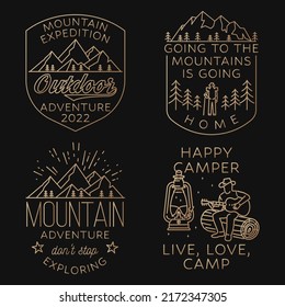 Set of camping badges, patches. Vector. Concept for shirt or logo, print, stamp or tee. Vintage line art design with hiker, man with guitar, lantern and mountain.