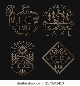 Set of camping badges, patches. Vector illustration. Concept for shirt or logo, print, stamp or tee. Vintage line art design with bear in canoe, lake and forest.