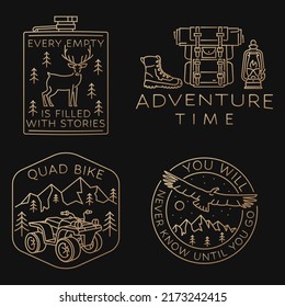 Set of camping badges, patches. Vector. Concept for shirt or logo, print, stamp or tee. Vintage line art design with flying condor, elk, quad bike, forest landscape.