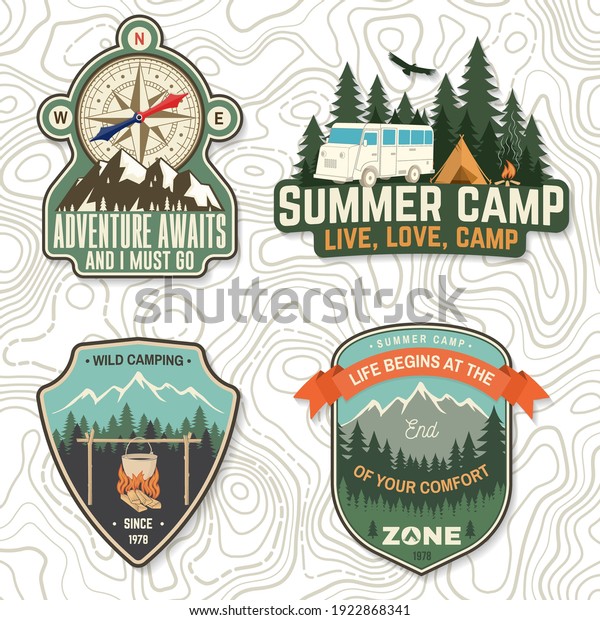 Set of\
camping badges, patches. Vector illustration. Concept for shirt or\
logo, print, stamp or tee. Vintage typography design with camping\
tent, forest and camper compass\
silhouette