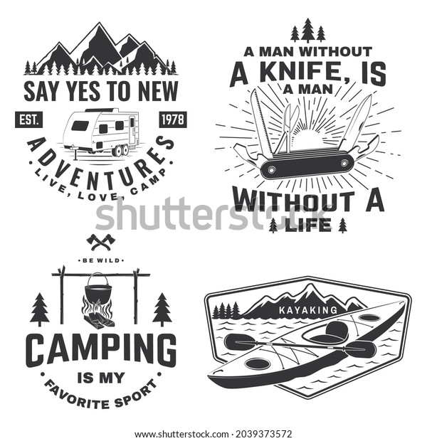 Set of camping badges, patches. Vector\
illustration. Concept for shirt or logo, print, stamp or tee.\
Vintage typography design with camping equipment, forest, camper rv\
and mountain silhouette