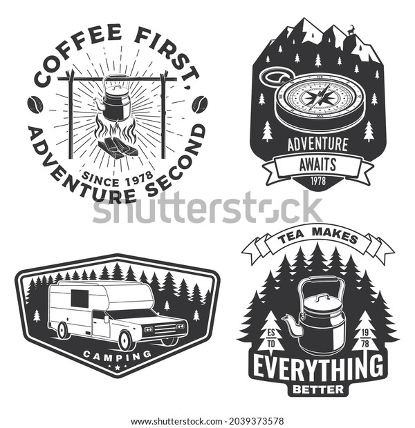 Set of camping badges, patches. Vector\
illustration. Concept for shirt or logo, print, stamp or tee.\
Vintage typography design with camping equipment, forest, camper rv\
and mountain silhouette