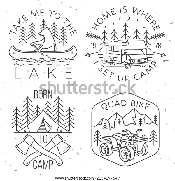 Set of camping badges, patches.\
Vector illustration. Concept for shirt or logo, print, stamp or\
tee. Vintage line art design with bear in canoe, lake and\
forest.