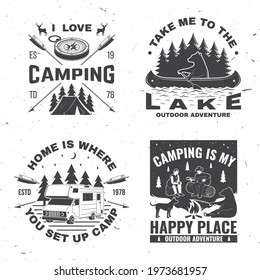 Set of camping badges. Vector. Concept for shirt or logo, print, stamp or tee. Vintage typography design with campfire, bear, dog, girl, man with guitar and forest silhouette.