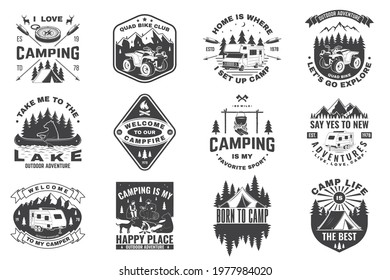 Set of camping badges. Vector. Concept for shirt or logo, print, stamp or tee. Vintage typography design with quad bike, tent, mountain, camper trailer and forest silhouette.