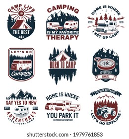 Set of camping badges. Vector. Concept for shirt or logo, print, stamp or tee. Vintage typography design with quad bike, tent, mountain, camper trailer and forest silhouette.