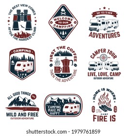 Set of camping badges. Vector. Concept for shirt or logo, print, stamp or tee. Vintage typography design with tent, mountain, camper trailer and forest silhouette.