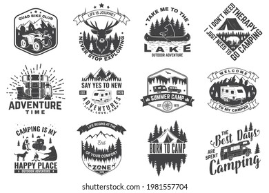 Set of camping badges. Vector. Concept for shirt or logo, print, stamp or tee. Vintage typography design with quad bike, tent, mountain, camper trailer and forest silhouette.