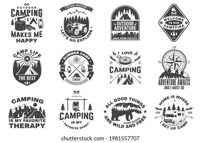 Set of camping badges. Vector. Concept for shirt or logo, print, stamp or tee. Vintage typography design with quad bike, tent, mountain, camper trailer and forest silhouette.