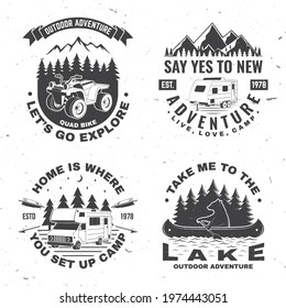 Set of camping badges. Vector illustration Concept for shirt or logo, print, stamp or tee. Vintage typography design with quad bike, bear in canoe, camper trailer and forest silhouette.