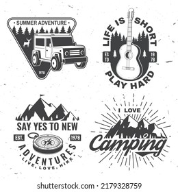 Set of camping badges. Vector illustration. Concept for shirt or logo, print, stamp or tee. Vintage typography design with compass, guitar, camping caravan car, tent, mountain and forest silhouette.