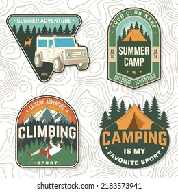 Set of camping badges. Vector illustration. Concept for shirt or logo, print, stamp or tee. Vintage typography design with camping climber, tent, off road car, mountain and forest silhouette.