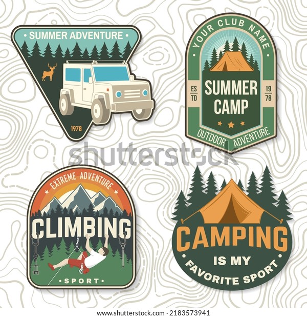 Set of camping badges. Vector illustration.\
Concept for shirt or logo, print, stamp or tee. Vintage typography\
design with camping climber, tent, off road car, mountain and\
forest silhouette.