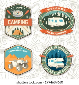 Set of camping badges. Vector. Patch or sticker. Concept for shirt or logo, print, stamp or tee. Vintage typography design with quad bike, tent, mountain, camper trailer and forest silhouette.