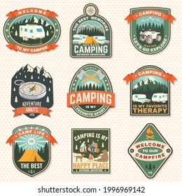 Set of camping badges. Vector Patch or sticker. Concept for shirt or logo, print, stamp or tee. Vintage typography design with compass, tent, mountain, camper trailer and forest silhouette.