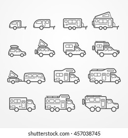 Set Of Camping Car Icons In Flat Silhouette Line Style. Travel SUV, Pickup, Truck And Trailer Icons. Transport Vector Stock Illustration.