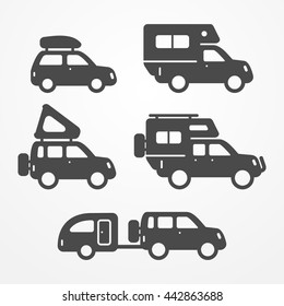 Set of camping car icons. Travel car symbols in silhouette style. Camping cars vector stock illustration. Car, SUV and pickup with camping equipment.