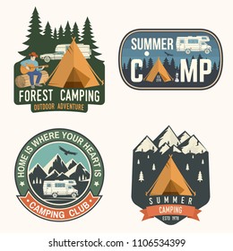 Set of Camping and caravanning club badges. Vector. Concept for shirt or logo, print, stamp, patch or tee. Vintage typography design with camp trailer, man with guitar, forest and mountain silhouette.