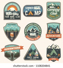 Set of Camping and caravanning club badges. Vector. Concept for shirt or logo, print, stamp, patch or tee. Vintage typography design with camp trailer, man with guitar, forest and mountain silhouette.