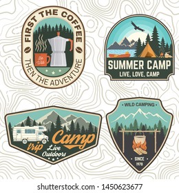 Set of Camping and caravanning club badges. Vector. Concept for shirt or logo, print, stamp, patch or tee. Vintage typography design with camp trailer, coffee maker, forest and mountain silhouette.