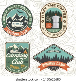 Set of Camping and caravanning club badges. Vector. Concept for shirt or logo, print, stamp, patch or tee. Vintage typography design with camp trailer, coffee maker, forest and mountain silhouette.