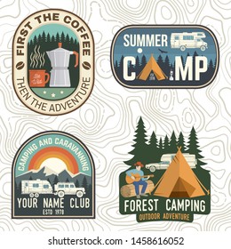 Set of Camping and caravanning club badges. Vector. Concept for shirt or logo, print, stamp, patch or tee. Vintage typography design with camp trailer, coffee maker, forest and mountain silhouette.