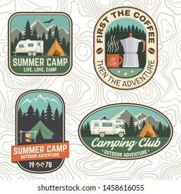 Set of Camping and caravanning club badges. Vector. Concept for shirt or logo, print, stamp, patch or tee. Vintage typography design with camp trailer, coffee maker, forest and mountain silhouette.