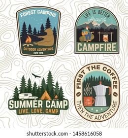 Set of Camping and caravanning club badges. Vector. Concept for shirt or logo, print, stamp, patch or tee. Vintage typography design with camp trailer, coffee maker, forest and mountain silhouette.