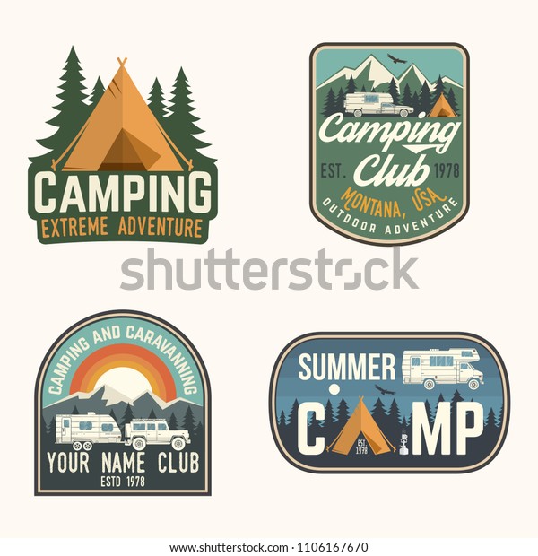Set of Camping and caravanning club badges.
Vector illustration. Concept for shirt or logo, print, stamp, patch
or tee. Vintage typography design with camp trailer, forest and
mountain silhouette.