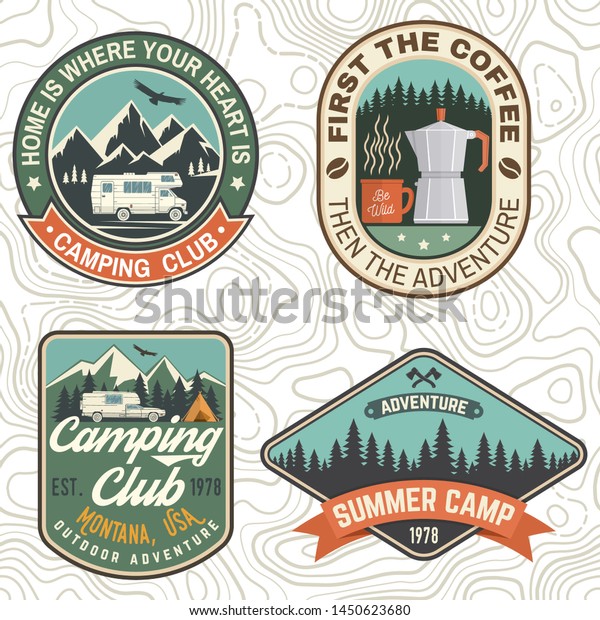 Set of Camping and caravanning club badges.
Vector. Concept for shirt or logo, print, stamp, patch or tee.
Vintage typography design with camp trailer, coffee maker, forest
and mountain silhouette.