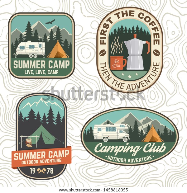 Set of Camping and caravanning club badges.
Vector. Concept for shirt or logo, print, stamp, patch or tee.
Vintage typography design with camp trailer, coffee maker, forest
and mountain silhouette.