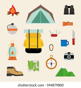 Set of camping cartoon illustrations