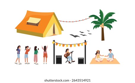Set of camping clip art. Collection of camping scene object. Tent camping. People vacation. Summer holiday. Beach Camping Music Festival Celebration