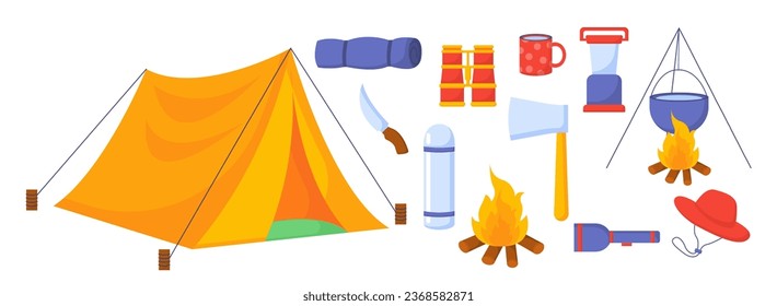 Set for camping concept. Yellow tent with bonfire, flashlight. Knife and axe. Equipment for active lifestyle and hiking. Cartoon flat vector collection isolated on white background