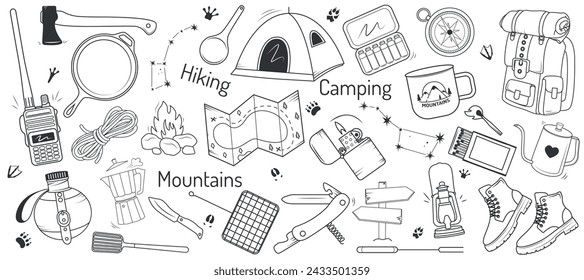 Set of camping doodles. Gear for outdoor adventures. Tent, axe, lighter, fire, backpack, matches, knife, walkie-talkie, mountains, compass, constellations. Vector illustration.