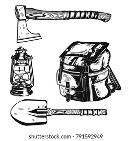 Set of camping elements (an axe, a shovel, a backpack and a kerosene lamp) for creating your own badges, logos, labels, posters etc. Isolated on white.