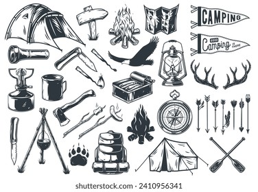 Set of camping elements with eagle, tent and campfire, map and compass