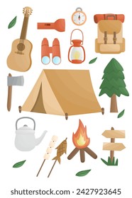Set of camping elements, camping equipment, camping collection 