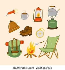 Set camping elements. Camping and hiking items. Outdoor recreation concept illustration 