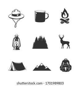 Set of camping elements isolated on white. Tent, trees, backpacks. Vector illustration.