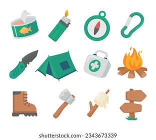 Set of camping elements. Tents, bonfires and equipment for resting in the forest