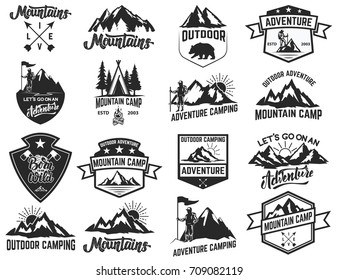 Set of camping emblems isolated on white background. Hiking, tourism, outdoor adventure. Design elements for logo, label, emblem, sign. Vector illustration