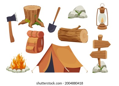 Set camping equipment campfire, tent, lantern, shovel and axe, travel backpack wood log and stump in cartoon style isolated on white background. Forest activity, vacation