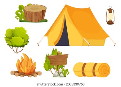 Poner en marcha los equipos de acampada, carpa, linterna, pala y hacha, mochila de viaje y arbusto al estilo de dibujos animados aislados sobre fondo blanco. Actividad forestal, vacaciones
