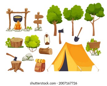 Set camping equipment campfire, tent, lantern, shovel and axe, travel backpack wood log and stump, forest trees in cartoon style isolated on white background. Forest activity, vacation