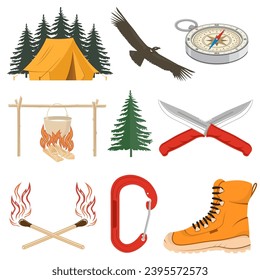 Set of camping equipment collection. Vector illustration. Set include: camping tent, condor, fire match sticks, hiker boot, compass, kettle pot on campfire, fir tree, knife and carabiner.