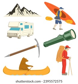 Set of camping equipment collection. Vector illustration. Set include: backpack, kayaker, canoe, camper, mountain, bear in canoe, campfire, camping flashlight and climbing ice-axe.